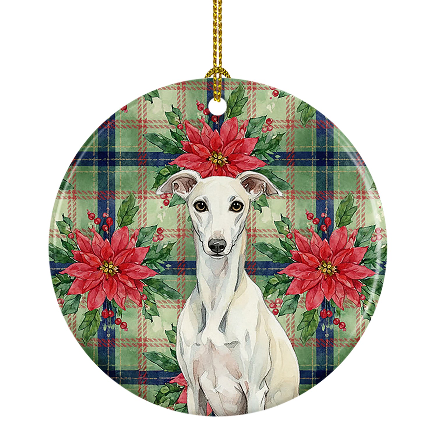 Caroline's Treasures White Whippet Christmas PoinsettIas Ceramic Ornament
