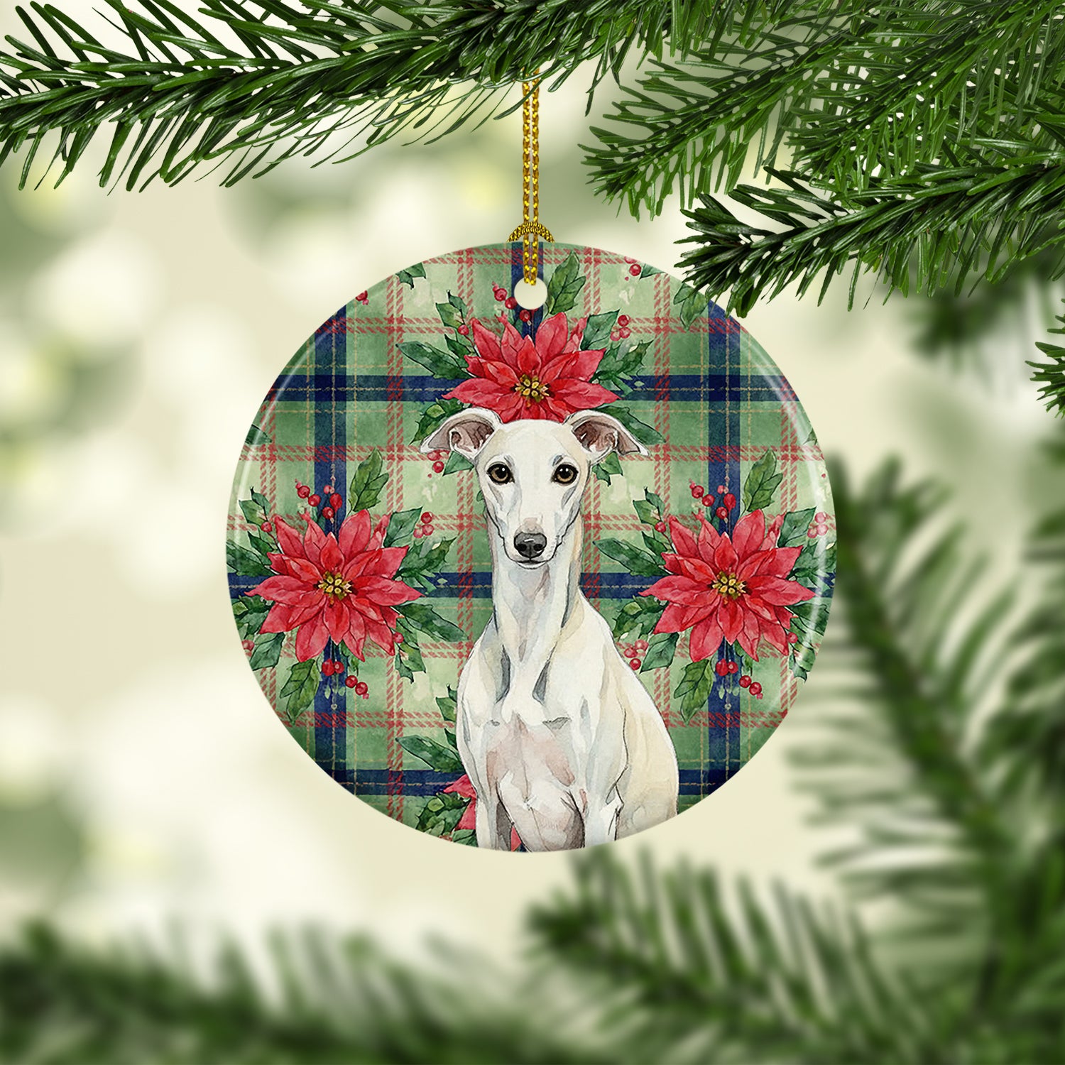 Caroline's Treasures White Whippet Christmas PoinsettIas Ceramic Ornament