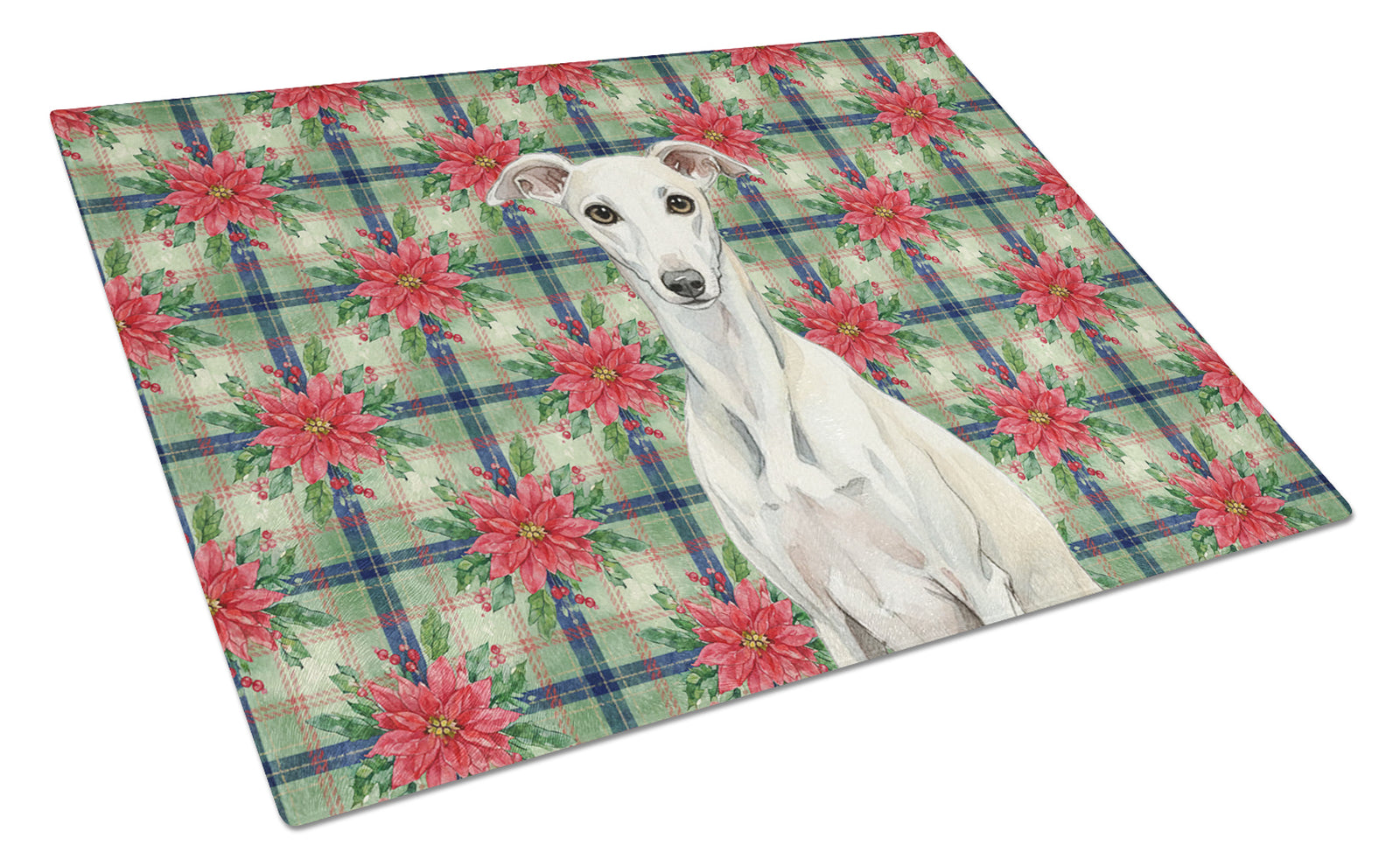 Caroline's Treasures White Whippet Christmas PoinsettIas Glass Cutting Board