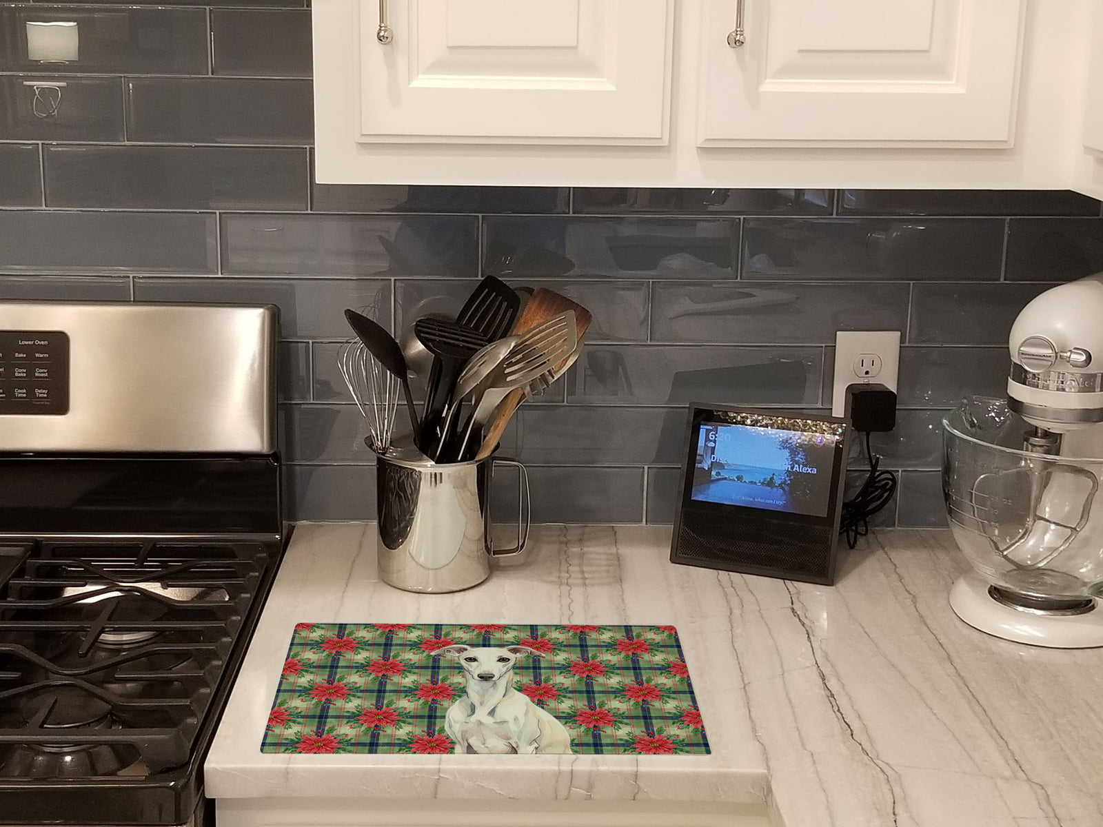 Caroline's Treasures White Whippet Christmas PoinsettIas Glass Cutting Board