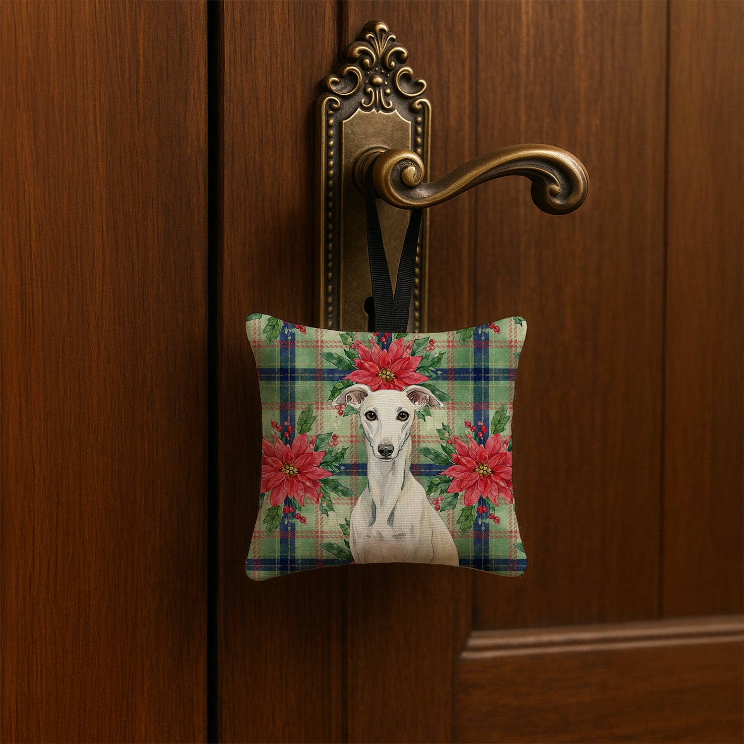 Caroline's Treasures White Whippet Christmas PoinsettIas Hanging Square Fabric Ornament 3.5 x 3.5