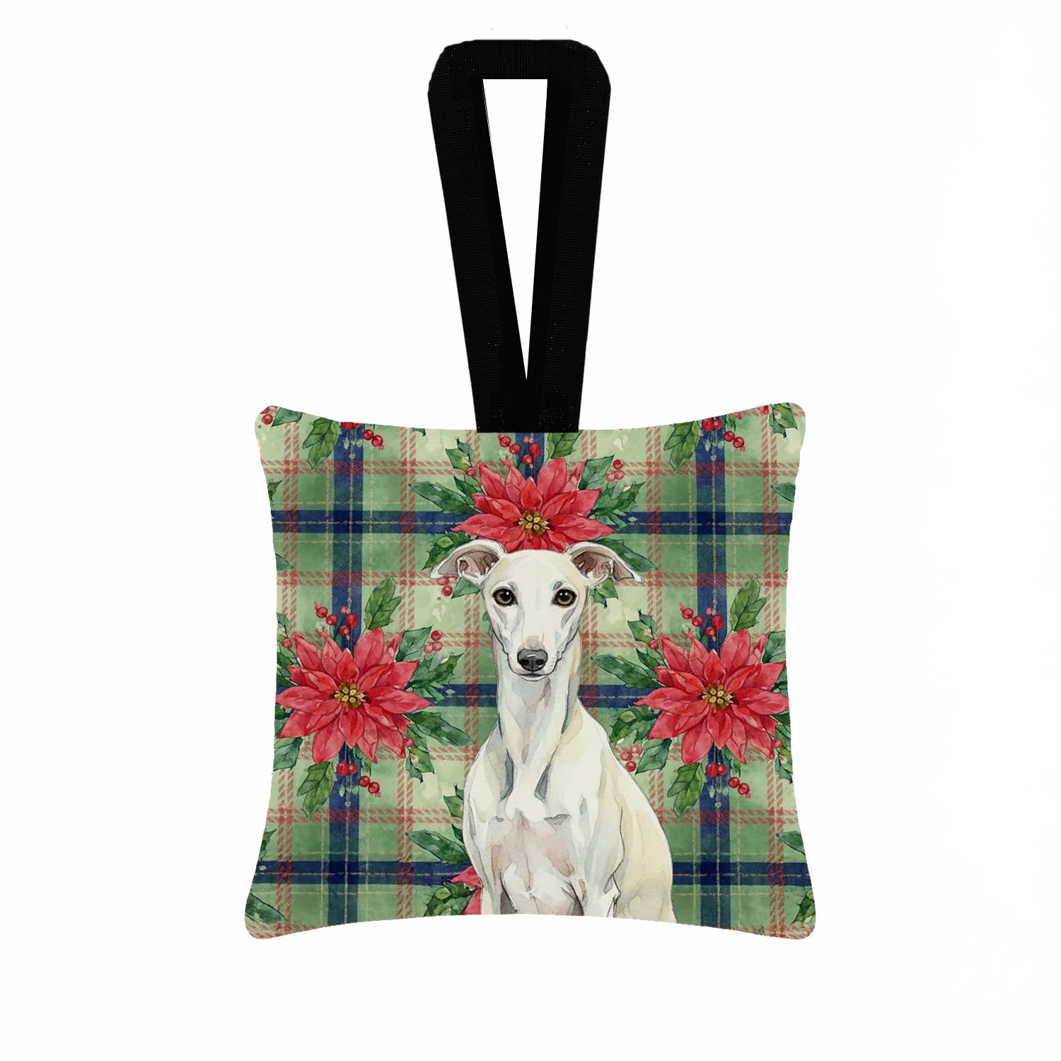 Caroline's Treasures White Whippet Christmas PoinsettIas Hanging Square Fabric Ornament 3.5 x 3.5