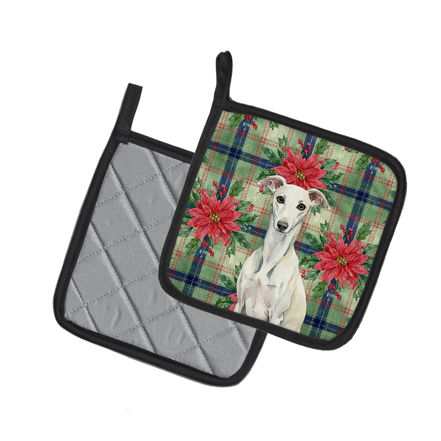Caroline's Treasures White Whippet Christmas PoinsettIas Pair of Pot Holders