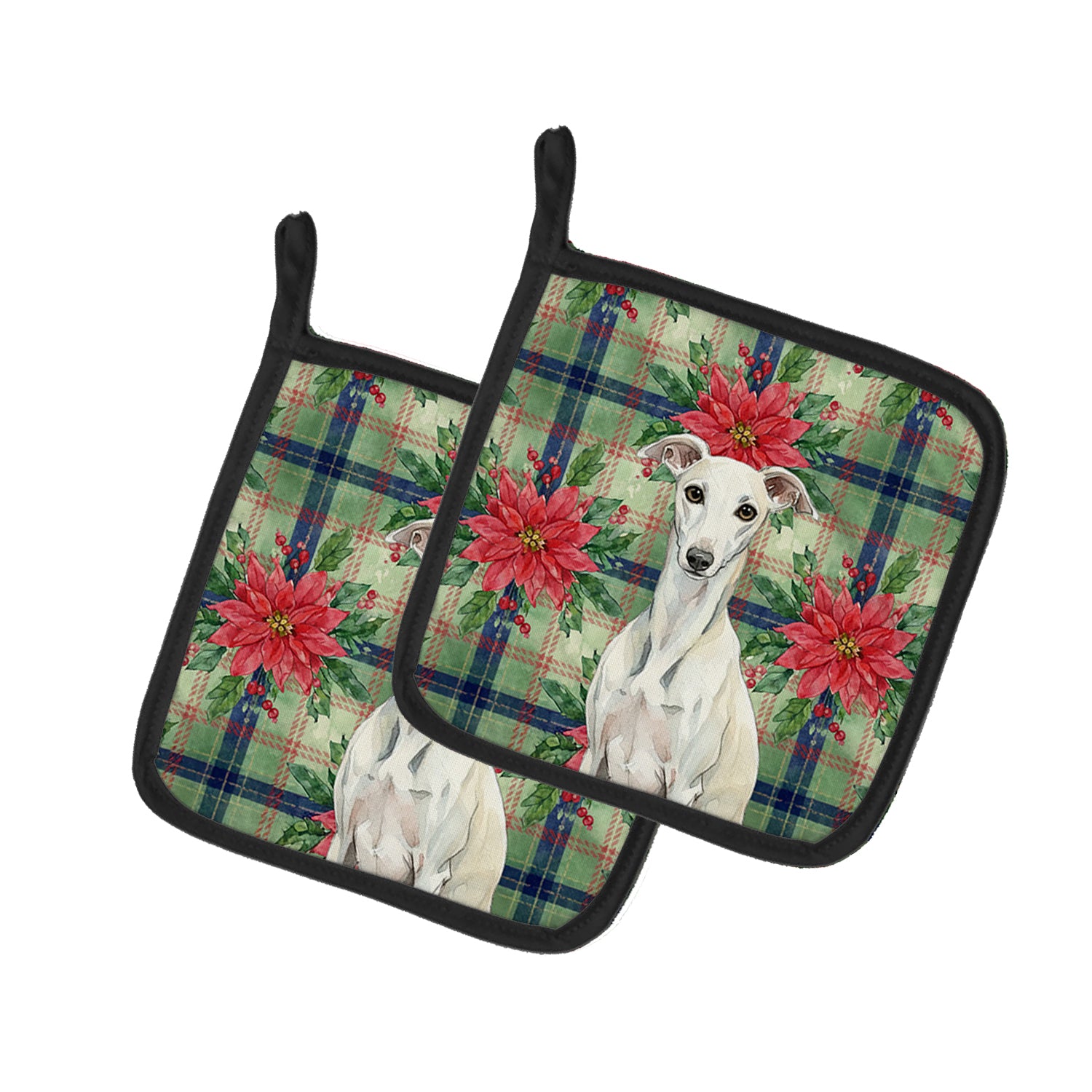 Caroline's Treasures White Whippet Christmas PoinsettIas Pair of Pot Holders