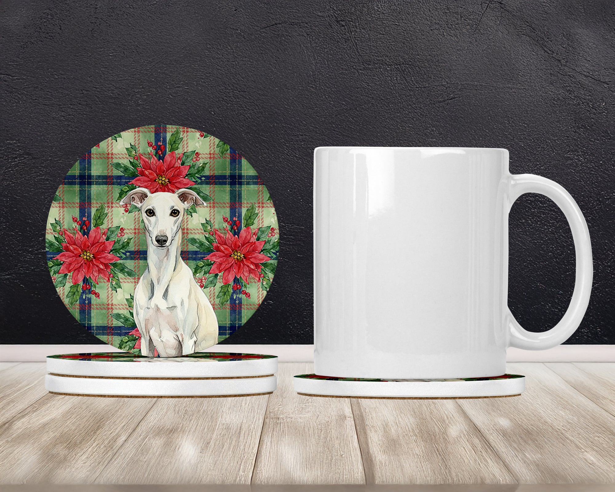 Caroline's Treasures White Whippet Christmas PoinsettIas Large Sandstone Coasters Pack of 4