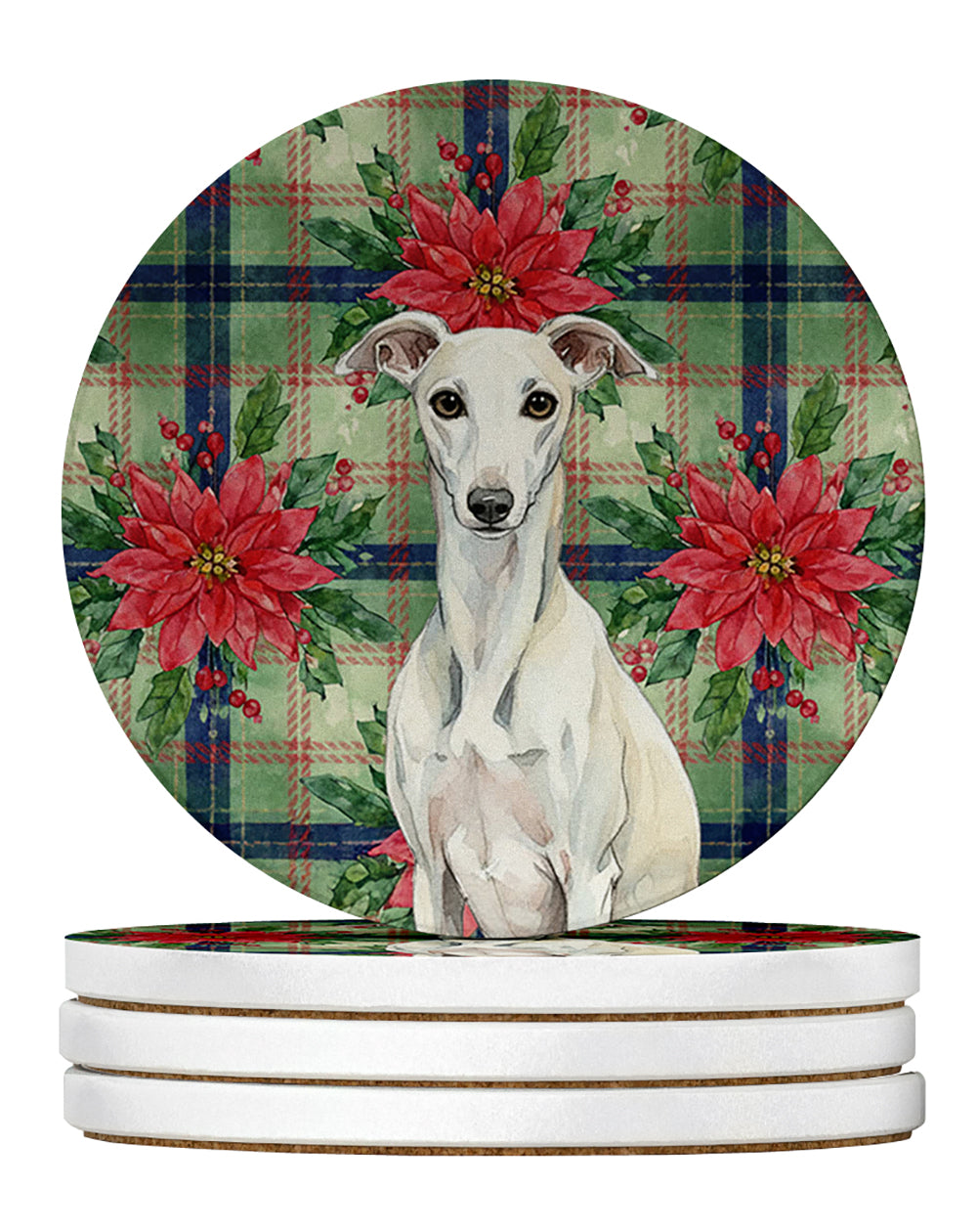 Caroline's Treasures White Whippet Christmas PoinsettIas Large Sandstone Coasters Pack of 4