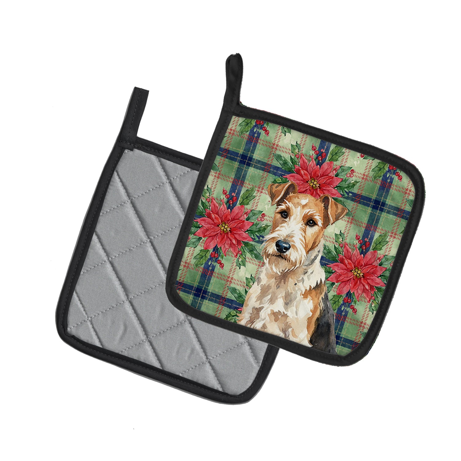 Caroline's Treasures Wire Fox Terrier Christmas PoinsettIas Pair of Pot Holders