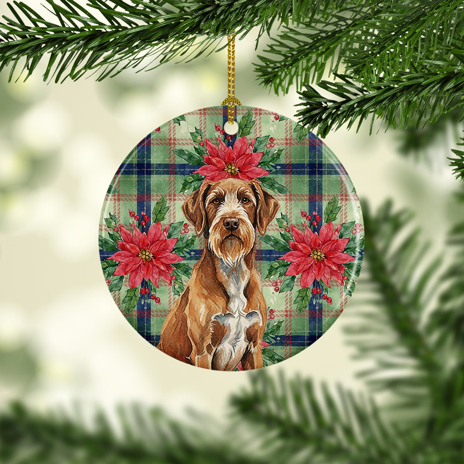 Caroline's Treasures Wirehaired Pointing Griffon Christmas PoinsettIas Ceramic Ornament