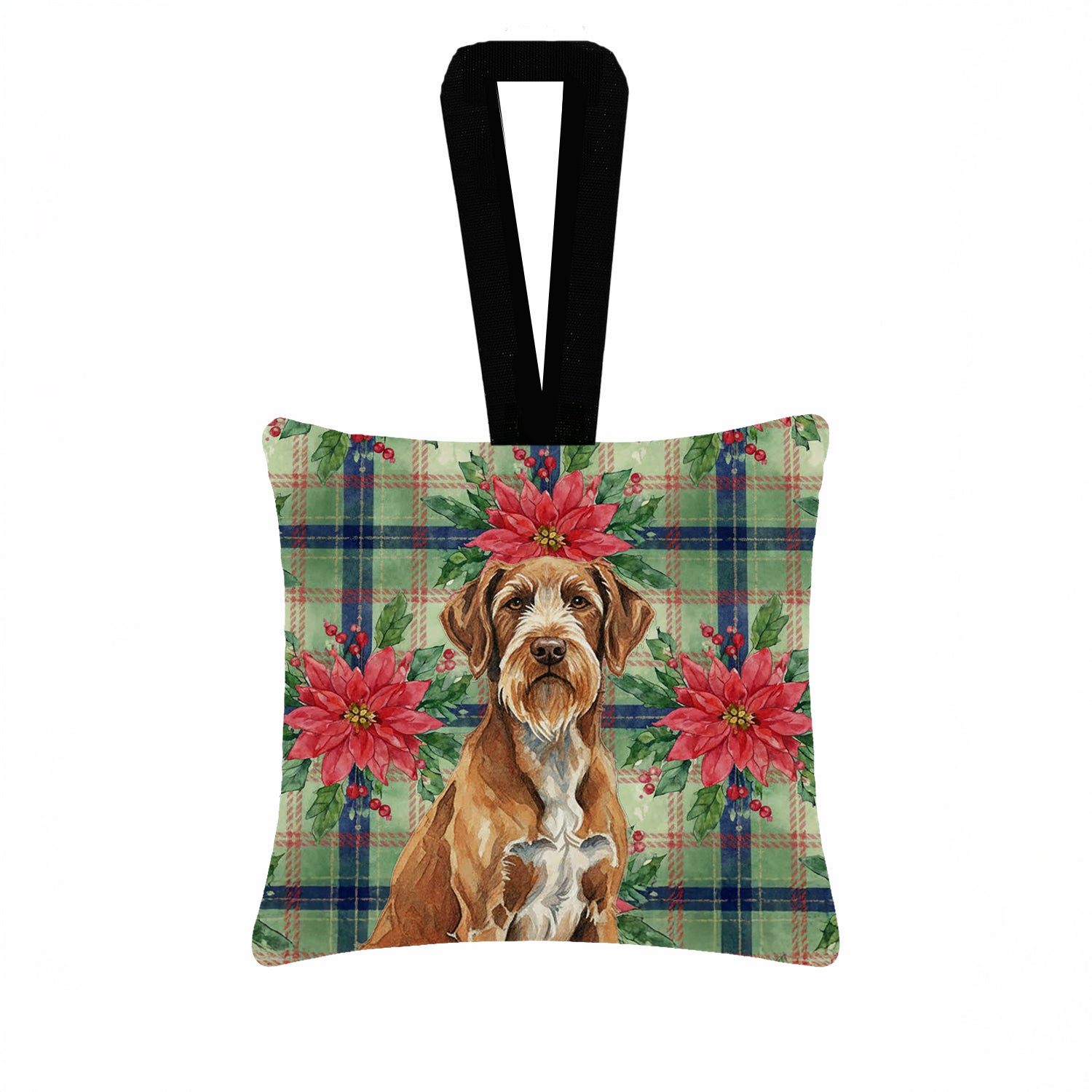 Caroline's Treasures Wirehaired Pointing Griffon Christmas PoinsettIas Hanging Square Fabric Ornament 3.5 x 3.5