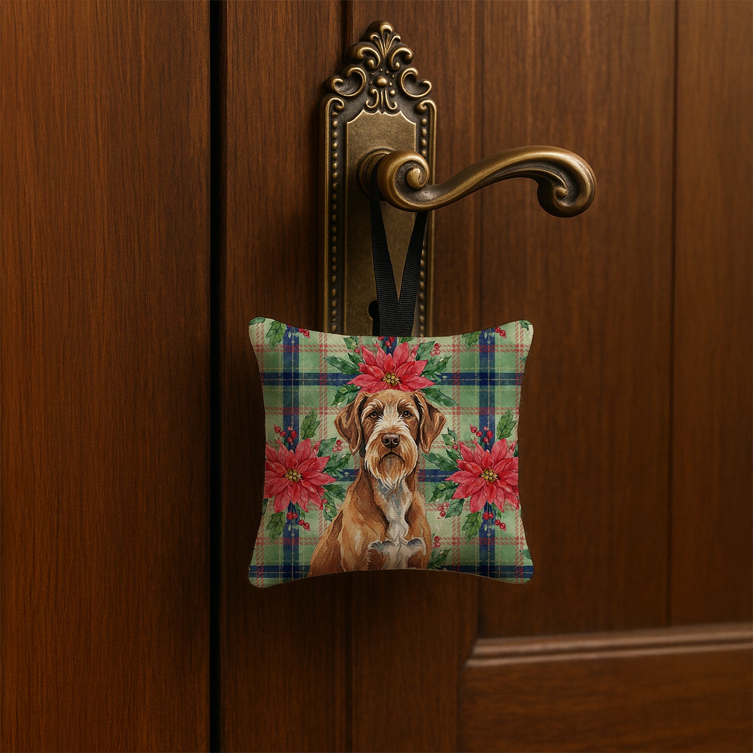 Caroline's Treasures Wirehaired Pointing Griffon Christmas PoinsettIas Hanging Square Fabric Ornament 3.5 x 3.5