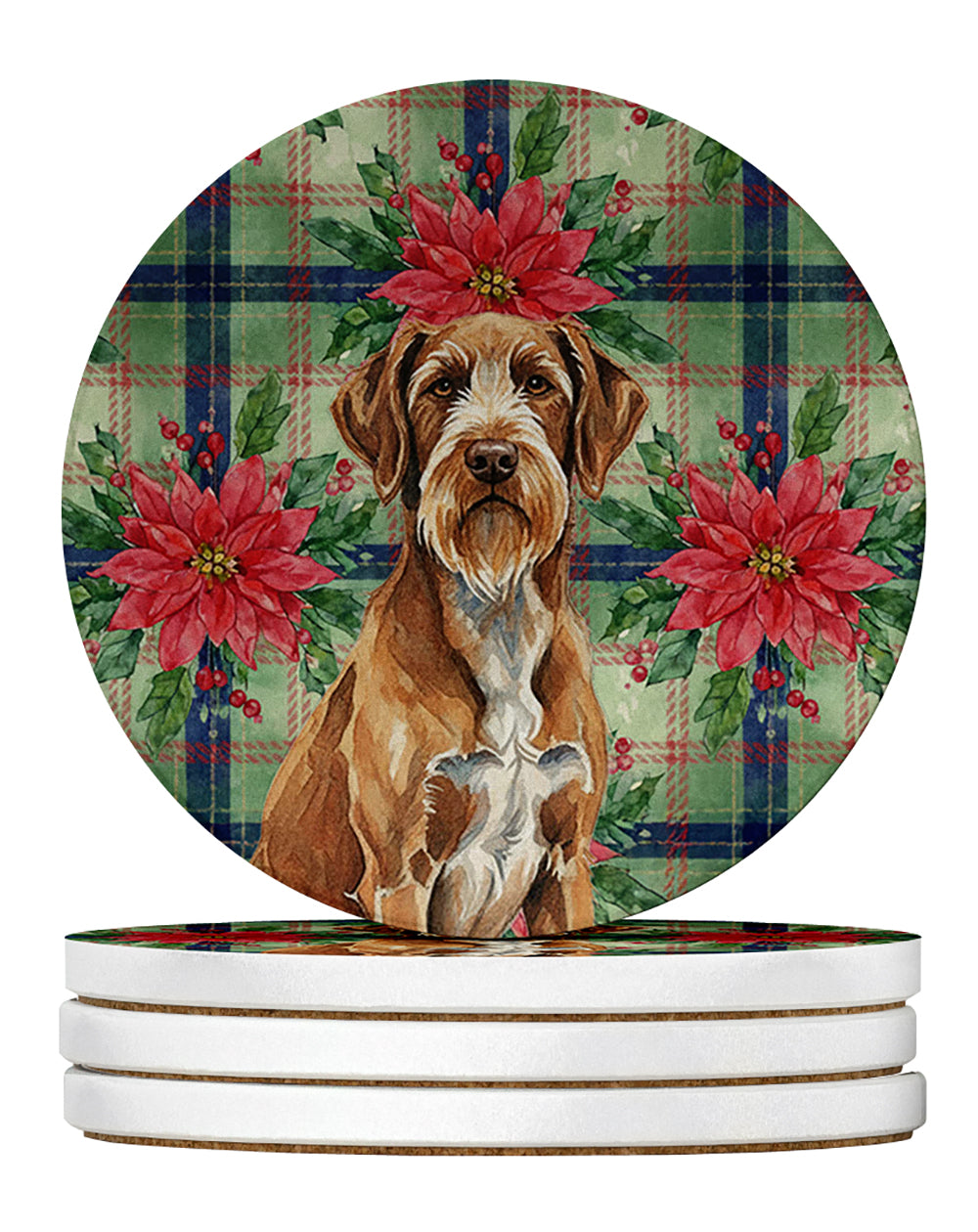 Caroline's Treasures Wirehaired Pointing Griffon Christmas PoinsettIas Large Sandstone Coasters Pack of 4