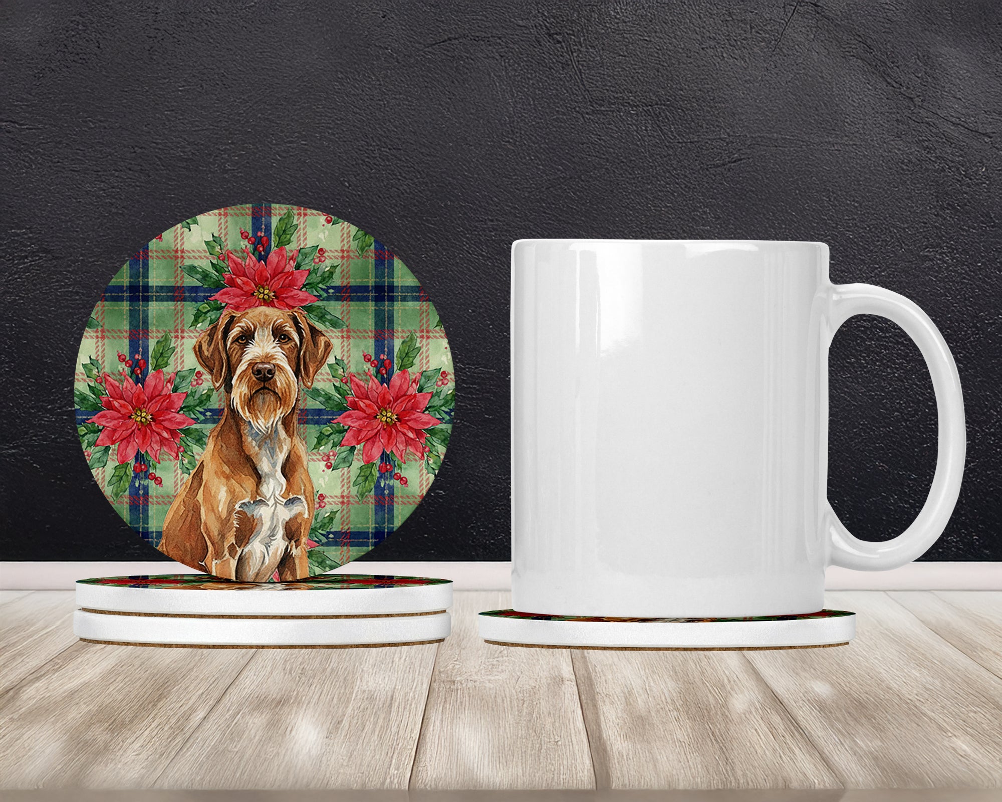 Caroline's Treasures Wirehaired Pointing Griffon Christmas PoinsettIas Large Sandstone Coasters Pack of 4