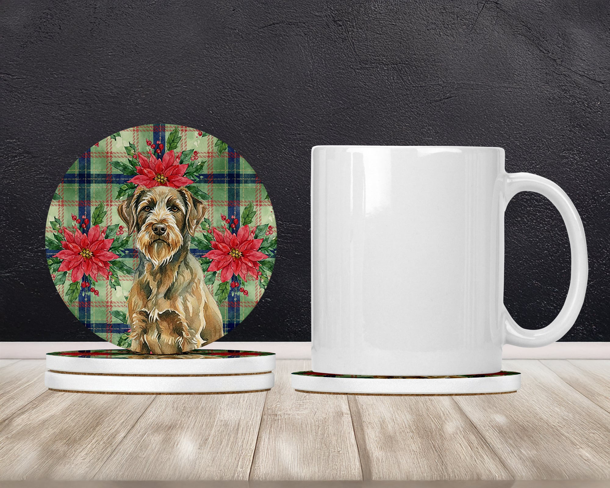 Caroline's Treasures Chestnut Wirehaired Pointing Griffon Christmas PoinsettIas Large Sandstone Coasters Pack of 4