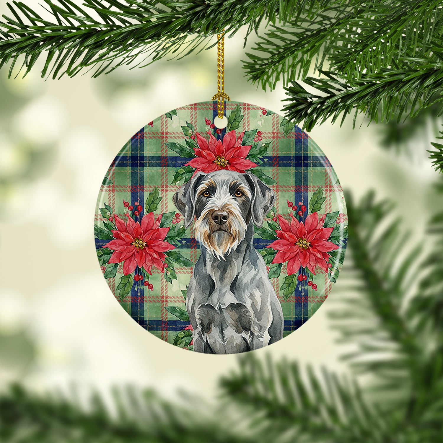 Caroline's Treasures Steel Gray Wirehaired Pointing Griffon Christmas PoinsettIas Ceramic Ornament