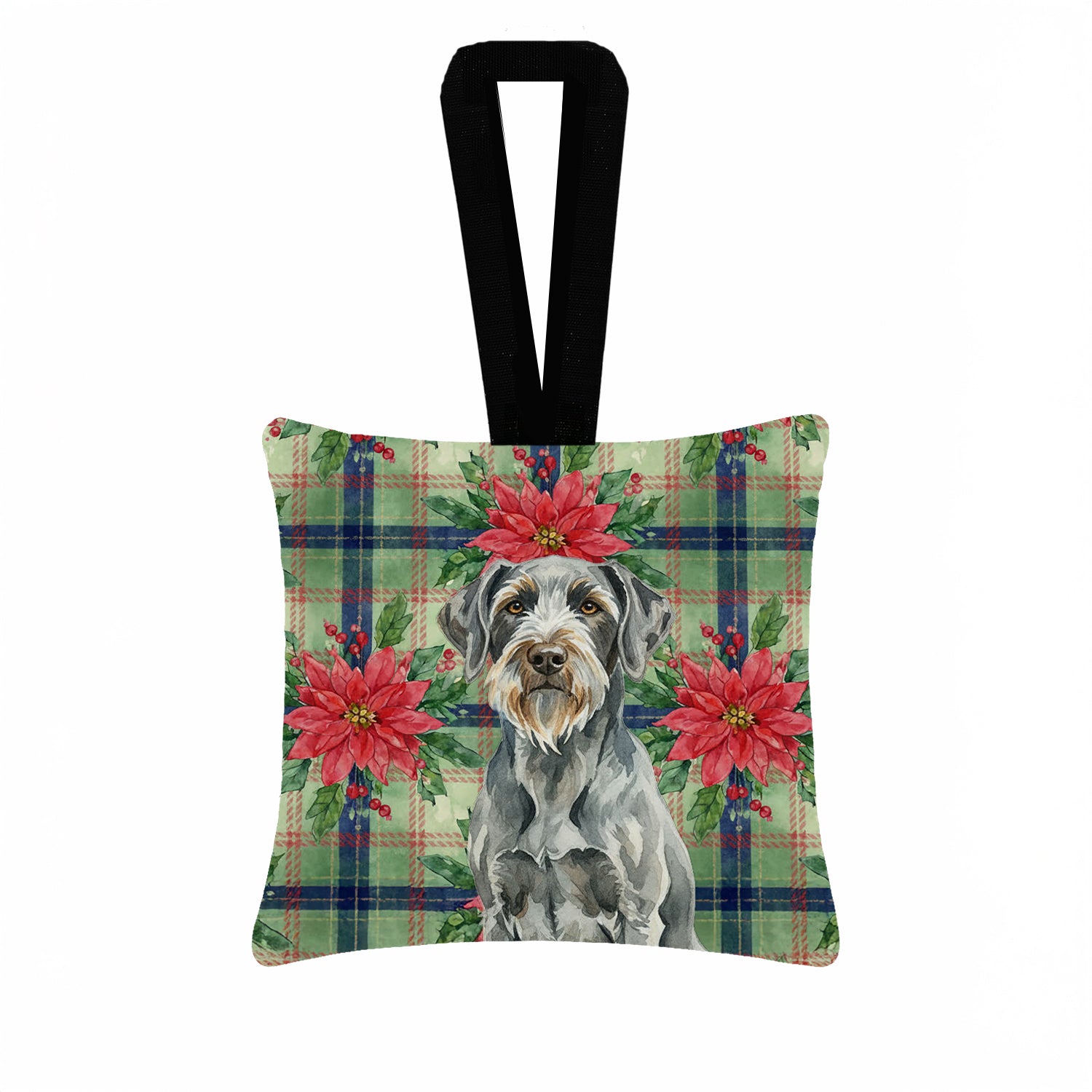 Caroline's Treasures Steel Gray Wirehaired Pointing Griffon Christmas PoinsettIas Hanging Square Fabric Ornament 3.5 x 3.5