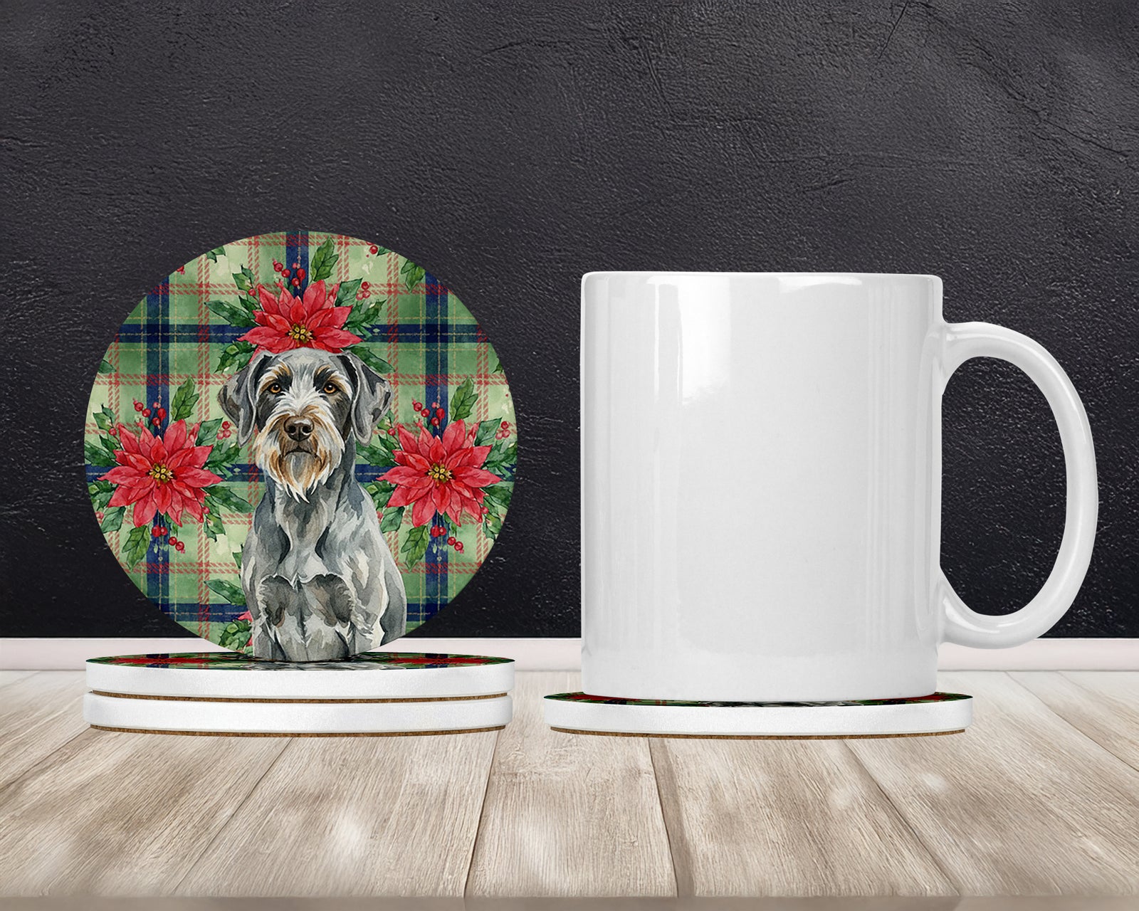Caroline's Treasures Steel Gray Wirehaired Pointing Griffon Christmas PoinsettIas Large Sandstone Coasters Pack of 4