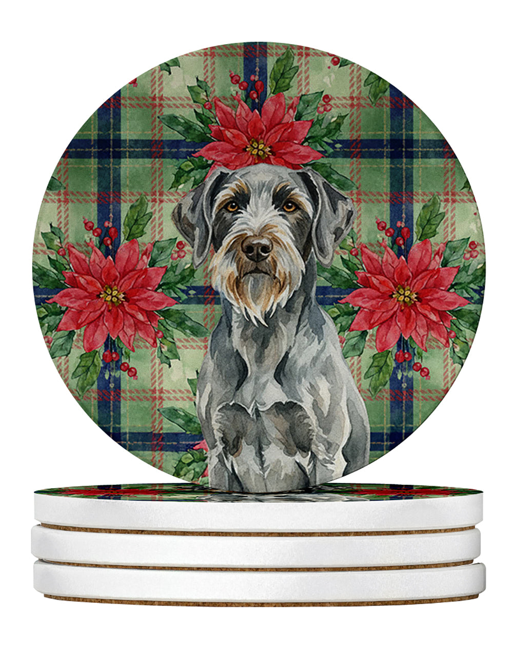 Caroline's Treasures Steel Gray Wirehaired Pointing Griffon Christmas PoinsettIas Large Sandstone Coasters Pack of 4