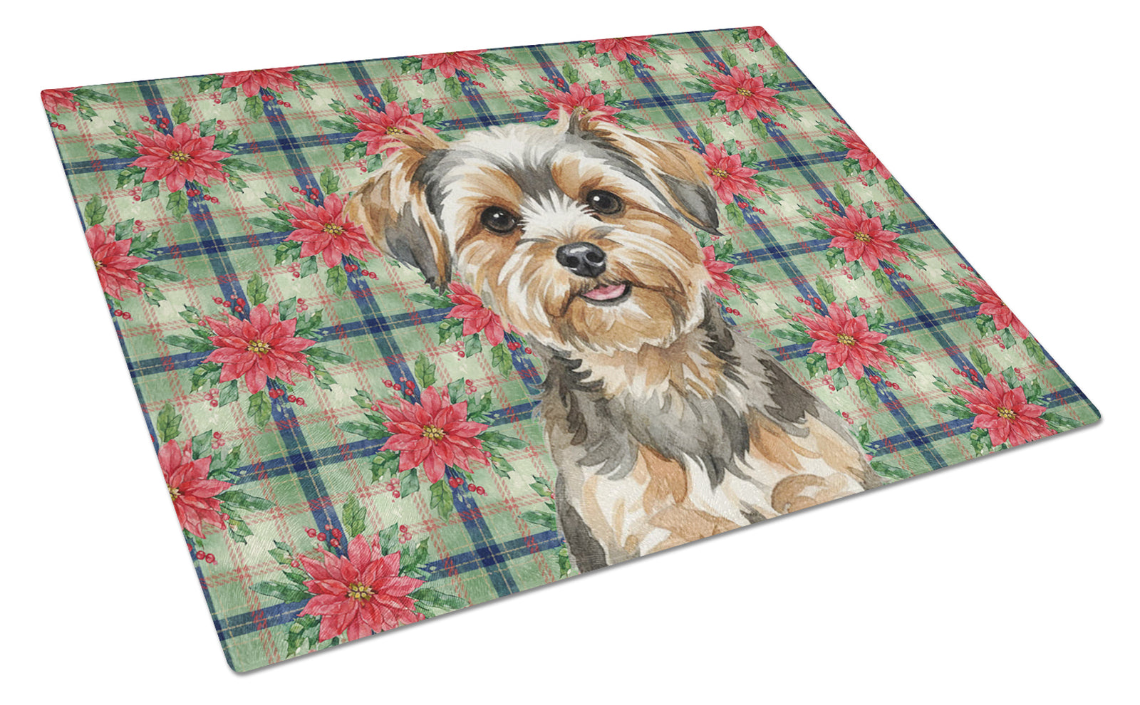 Caroline's Treasures Yorkiepoo Christmas PoinsettIas Glass Cutting Board