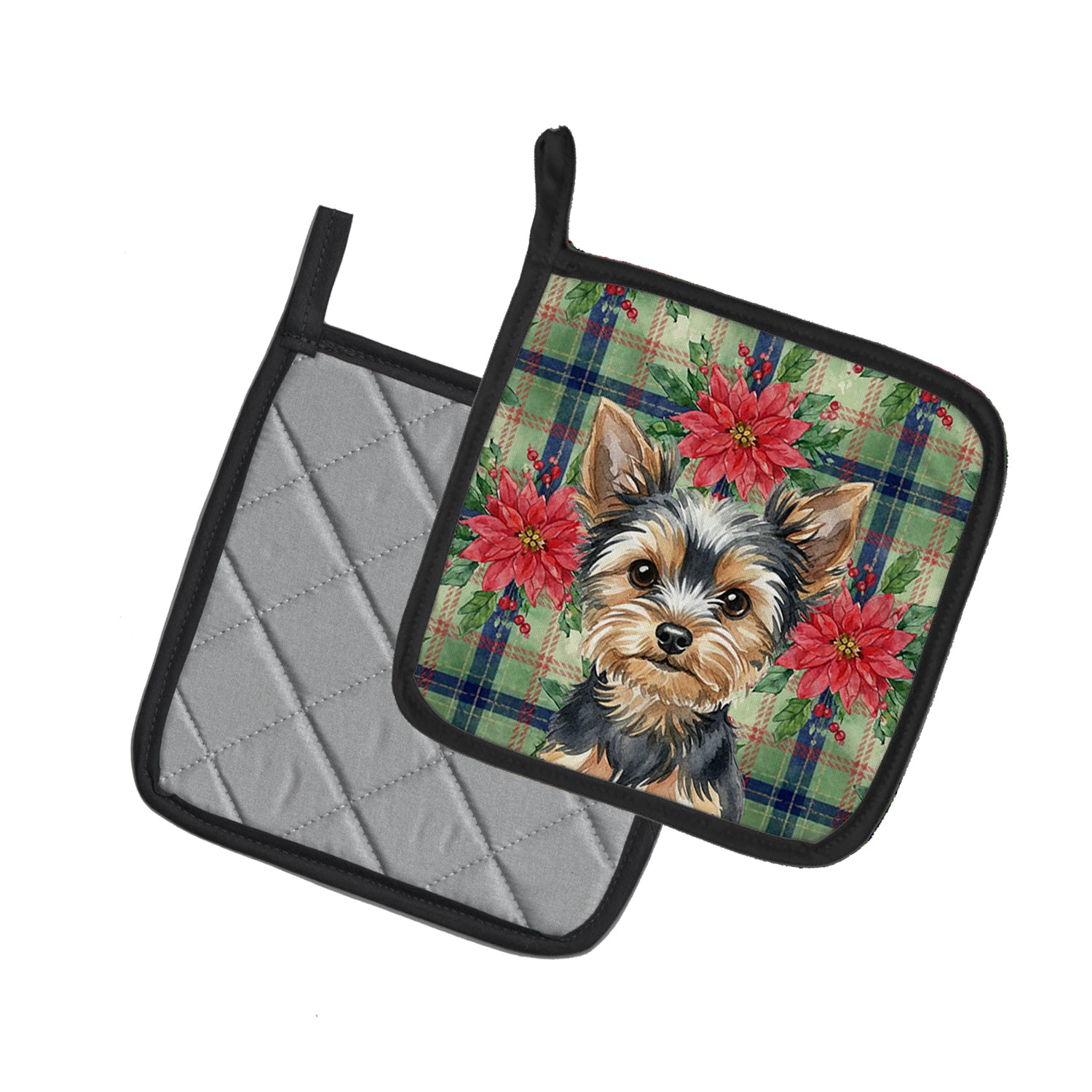 Caroline's Treasures Black and Tan Yorkshire Terrier Christmas PoinsettIas Pair of Pot Holders