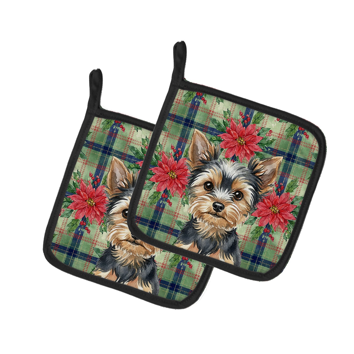 Caroline's Treasures Black and Tan Yorkshire Terrier Christmas PoinsettIas Pair of Pot Holders
