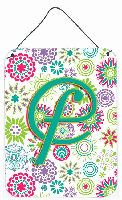 Letter F Flowers Pink Teal Green Initial Wall or Door Hanging Prints CJ2011-FDS1216 by Caroline&#39;s Treasures