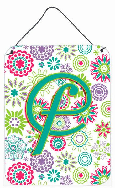 Letter F Flowers Pink Teal Green Initial Wall or Door Hanging Prints CJ2011-FDS1216 by Caroline's Treasures