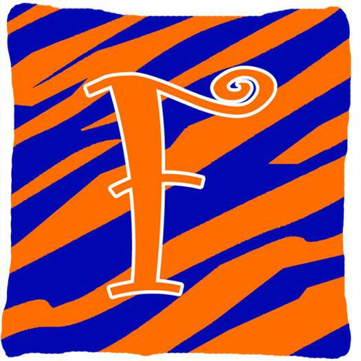 Monogram Initial F Tiger Stripe Blue and Orange Decorative Canvas Fabric Pillow - the-store.com