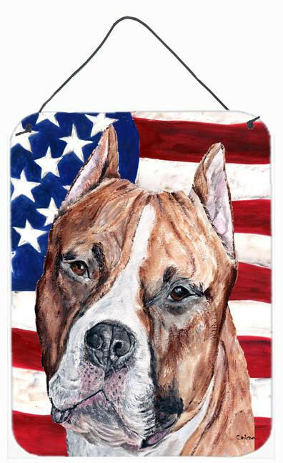 Staffordshire Bull Terrier Staffie with American Flag USA Wall or Door Hanging Prints SC9632DS1216 by Caroline&#39;s Treasures