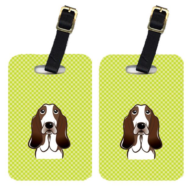 Pair of Checkerboard Lime Green Basset Hound Luggage Tags BB1305BT by Caroline&#39;s Treasures