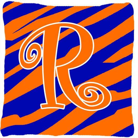 Monogram Initial R Tiger Stripe Blue and Orange Decorative Canvas Fabric Pillow - the-store.com