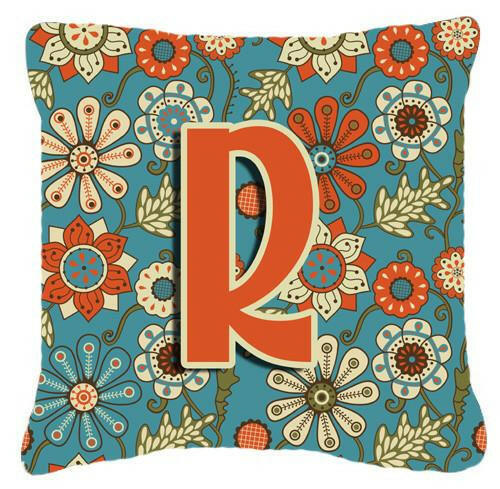 Letter R Flowers Retro Blue Canvas Fabric Decorative Pillow CJ2012-RPW1414 by Caroline&#39;s Treasures