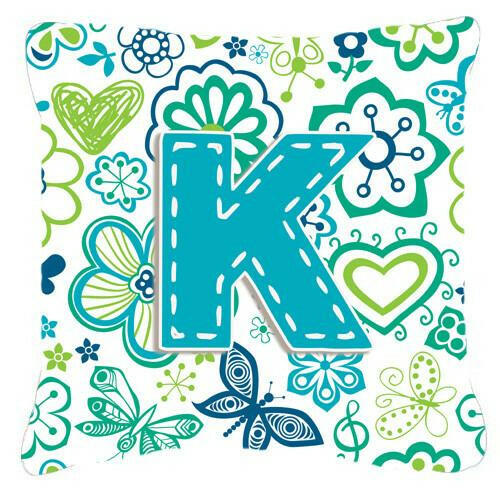 Letter K Flowers and Butterflies Teal Blue Canvas Fabric Decorative Pillow CJ2006-KPW1414 by Caroline&#39;s Treasures