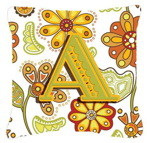 Letter A Floral Mustard and Green Canvas Fabric Decorative Pillow CJ2003-APW1414 by Caroline&#39;s Treasures