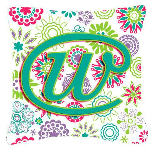 Letter W Flowers Pink Teal Green Initial Canvas Fabric Decorative Pillow CJ2011-WPW1414 by Caroline&#39;s Treasures