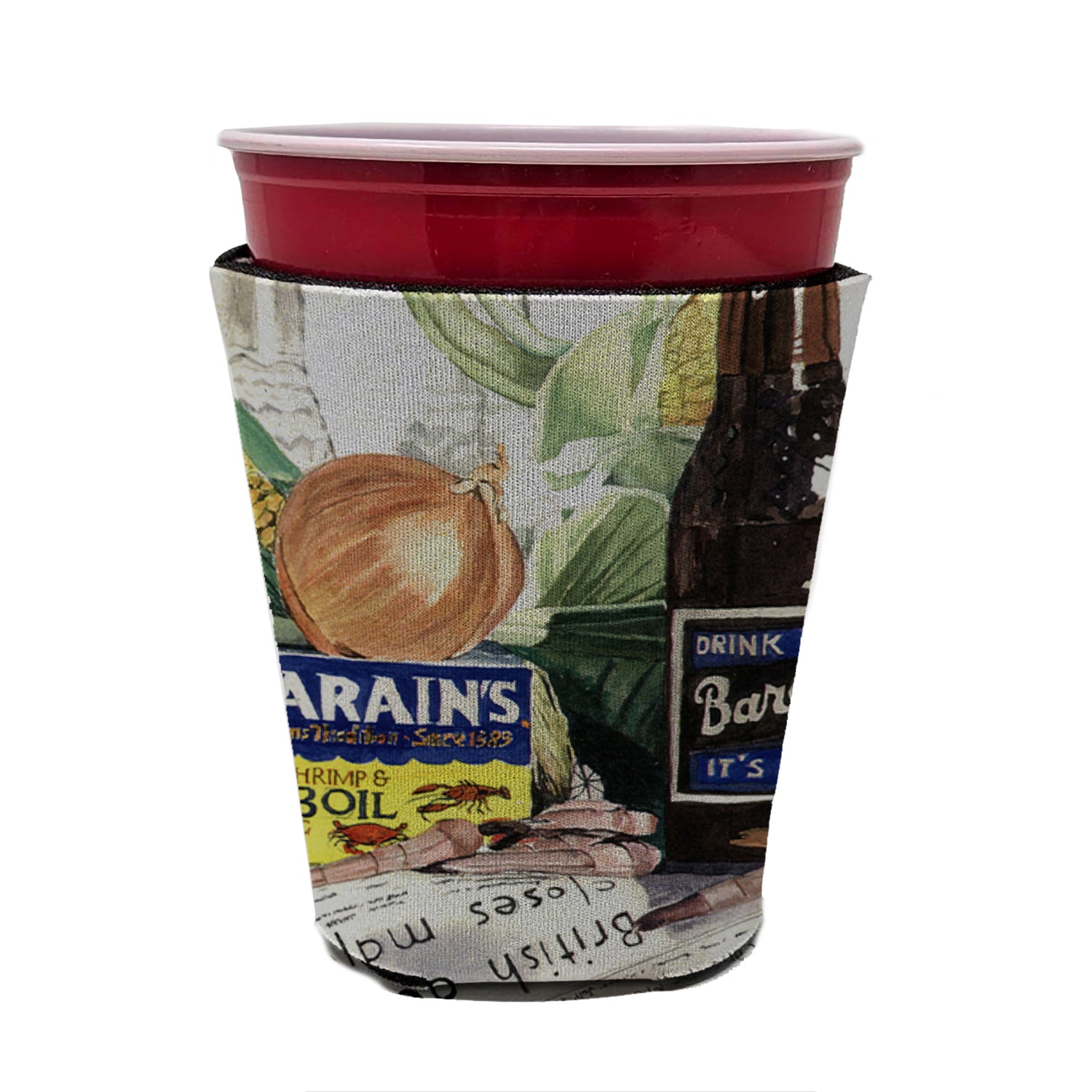 Barq's, Crabs, and spices Red Cup Beverage Insulator Hugger