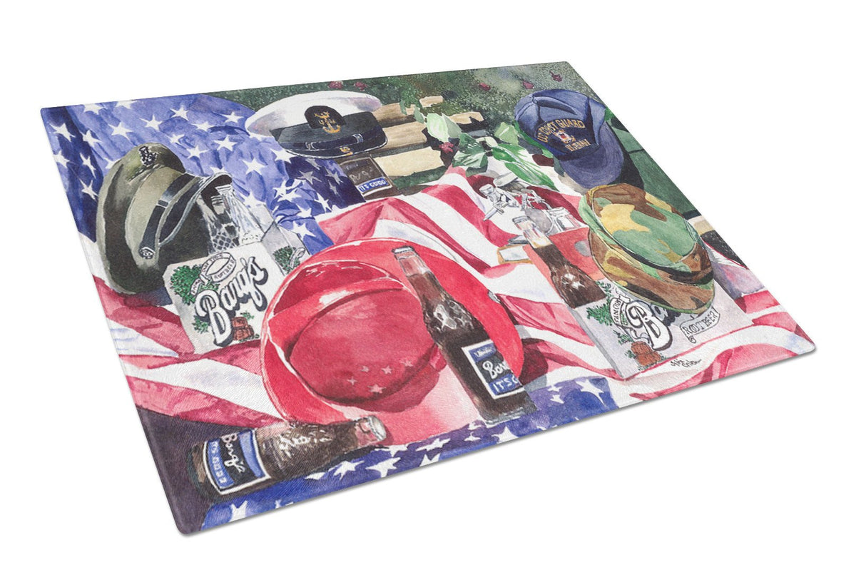 Barq&#39;s and Armed Forces Glass Cutting Board Large by Caroline&#39;s Treasures
