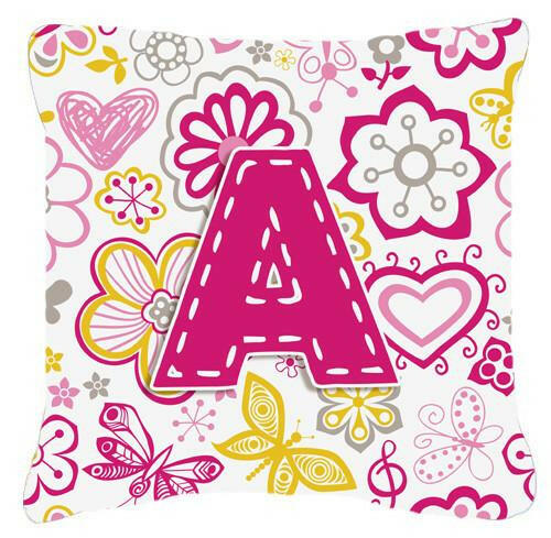 Letter A Flowers and Butterflies Pink Canvas Fabric Decorative Pillow CJ2005-APW1414 by Caroline&#39;s Treasures