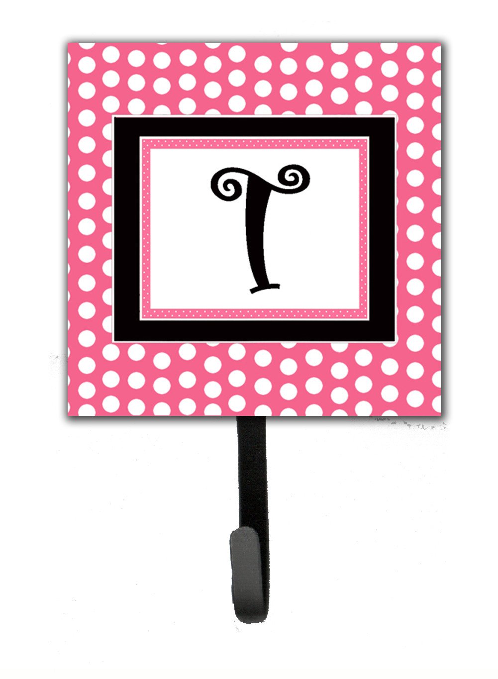 Letter T Initial Monogram - Pink Black Polka Dots Leash Holder or Key Hook by Caroline&#39;s Treasures