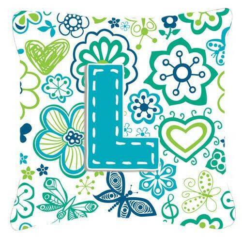 Letter L Flowers and Butterflies Teal Blue Canvas Fabric Decorative Pillow CJ2006-LPW1414 by Caroline&#39;s Treasures