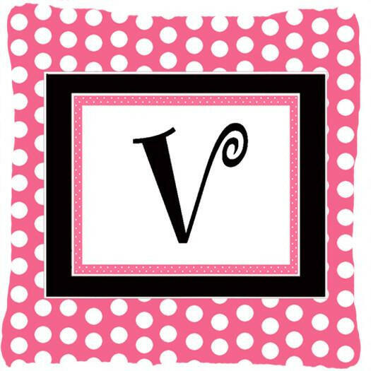 Letter V Initial Monogram Pink Black Polka Dots Decorative Canvas Fabric Pillow - the-store.com