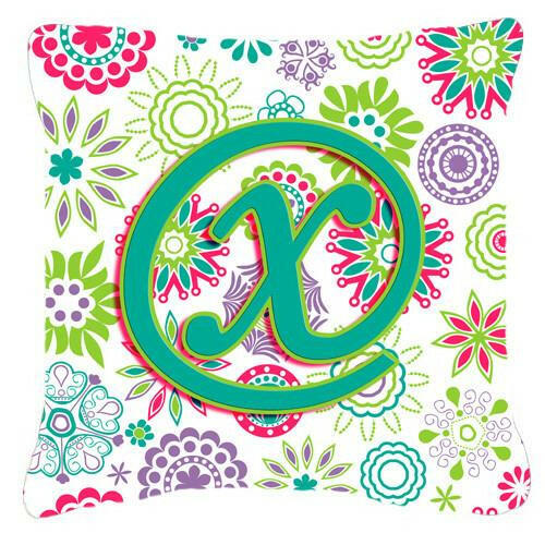 Letter X Flowers Pink Teal Green Initial Canvas Fabric Decorative Pillow CJ2011-XPW1414 by Caroline&#39;s Treasures