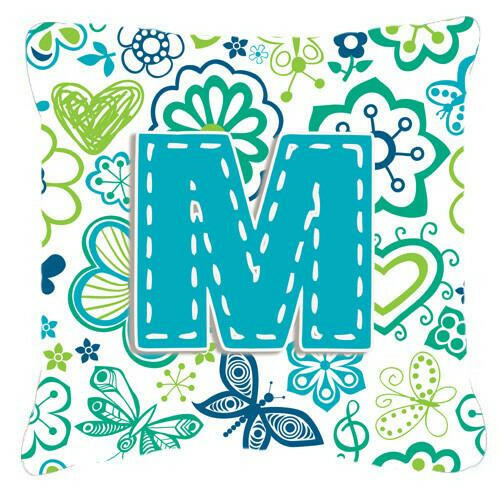 Letter M Flowers and Butterflies Teal Blue Canvas Fabric Decorative Pillow CJ2006-MPW1414 by Caroline&#39;s Treasures