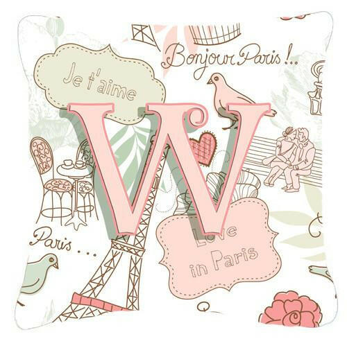 Letter W Love in Paris Pink Canvas Fabric Decorative Pillow CJ2002-WPW1414 by Caroline&#39;s Treasures