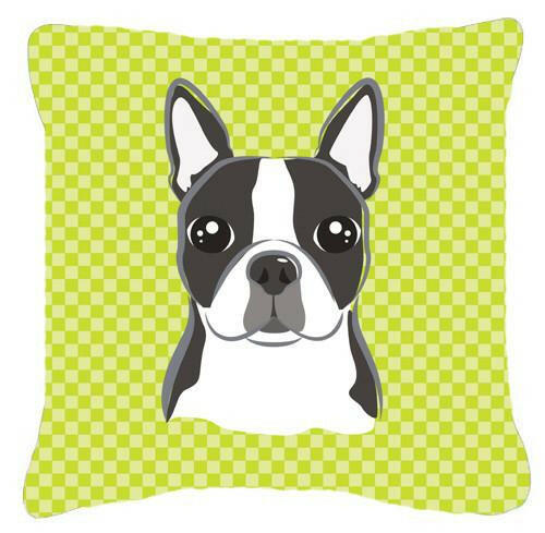 Lime Checkered Boston Terrier   Canvas Fabric Decorative Pillow BB1139PW1414 - the-store.com