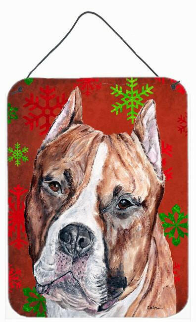 Staffordshire Bull Terrier Staffie Red Snowflakes Holiday Wall or Door Hanging Prints SC9752DS1216 by Caroline&#39;s Treasures