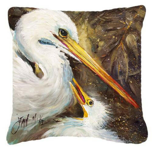 White Egret feeding baby Canvas Fabric Decorative Pillow JMK1211PW1414 by Caroline&#39;s Treasures