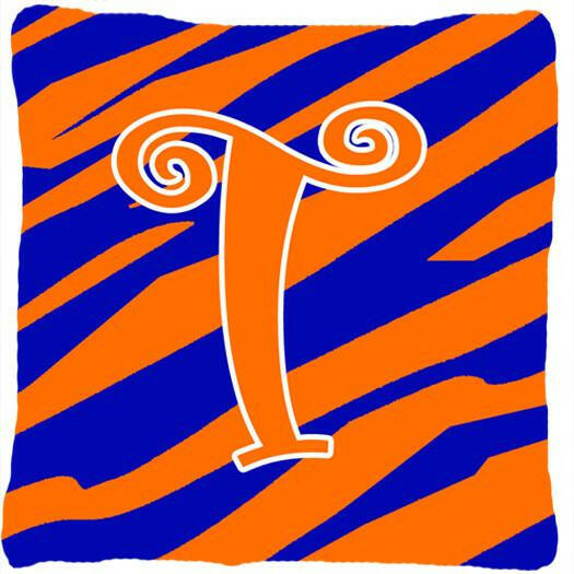 Monogram Initial T Tiger Stripe Blue and Orange Decorative Canvas Fabric Pillow - the-store.com