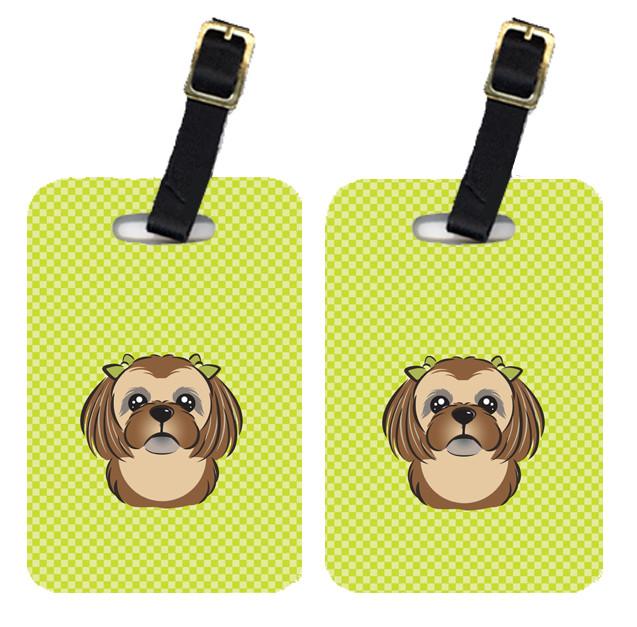 Pair of Checkerboard Lime Green Chocolate Brown Shih Tzu Luggage Tags BB1311BT by Caroline&#39;s Treasures