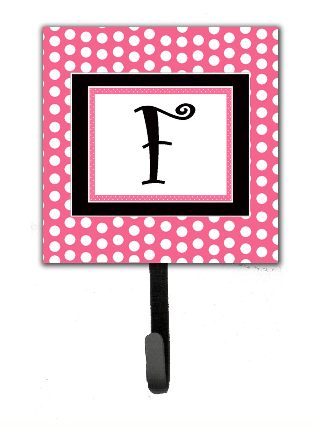 Letter F Initial Monogram - Pink Black Polka Dots Leash Holder or Key Hook by Caroline&#39;s Treasures