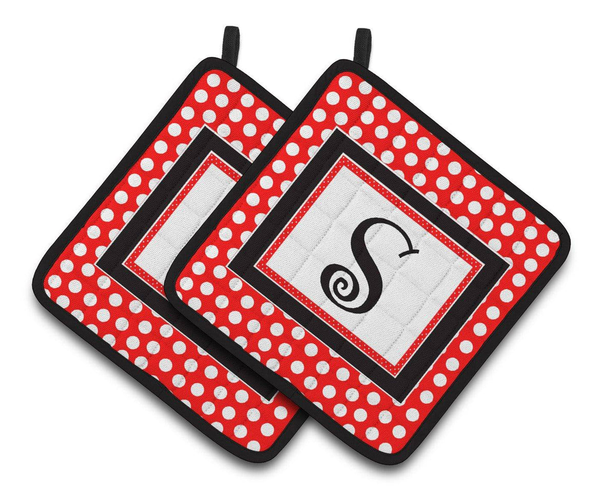Monogram - Initial S Red Black Polka Dots Pair of Pot Holders CJ1012-SPTHD - the-store.com
